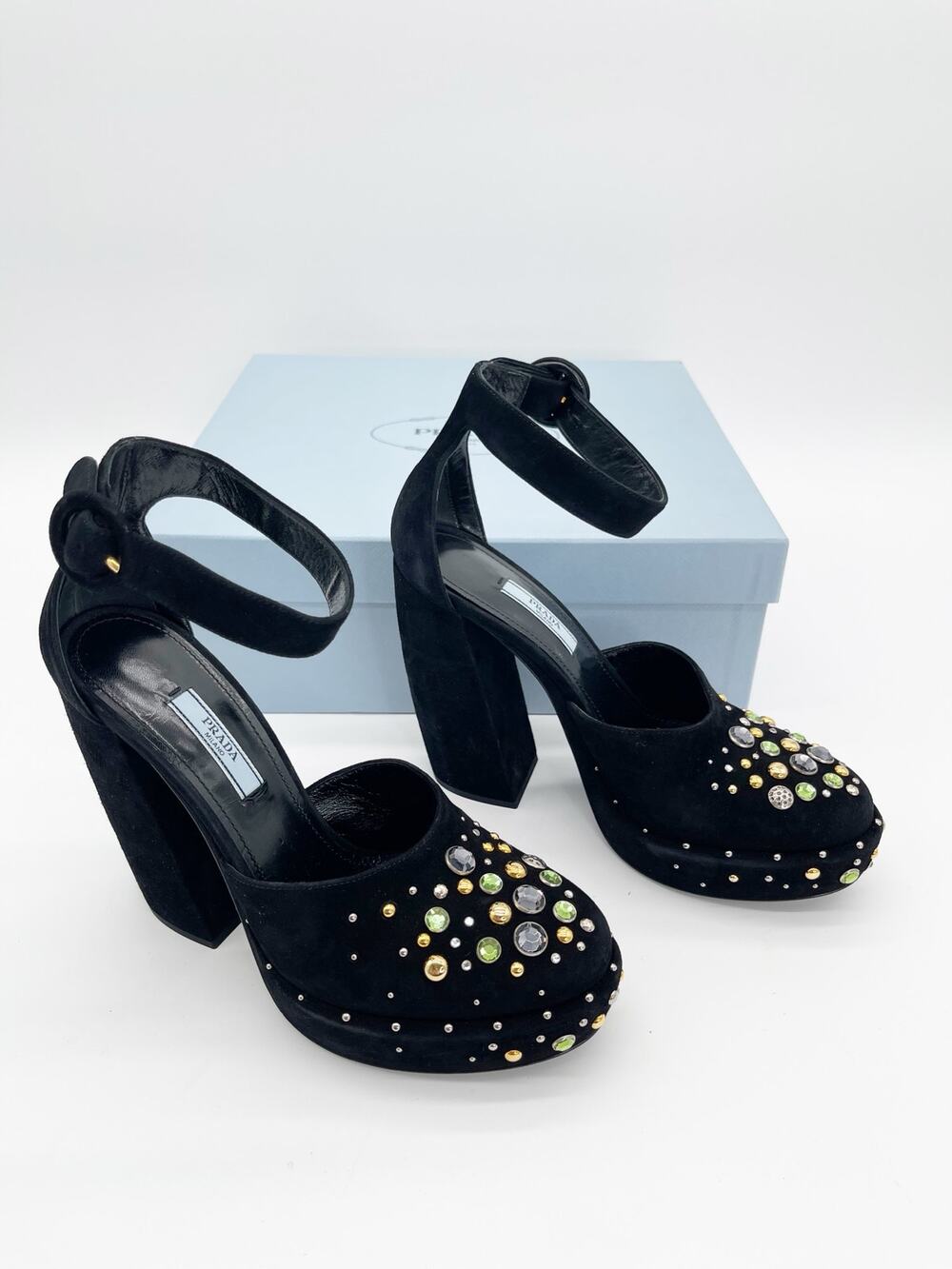 Prada Black Suede Multicolor Crystal Studded Platform Ankle Strap Heels IT 38.5
